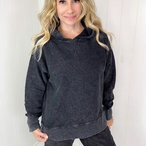 Moon Ryder Black Corded Mineral Wash Pull Over Hoodie Sweatshirt 100% Cotton